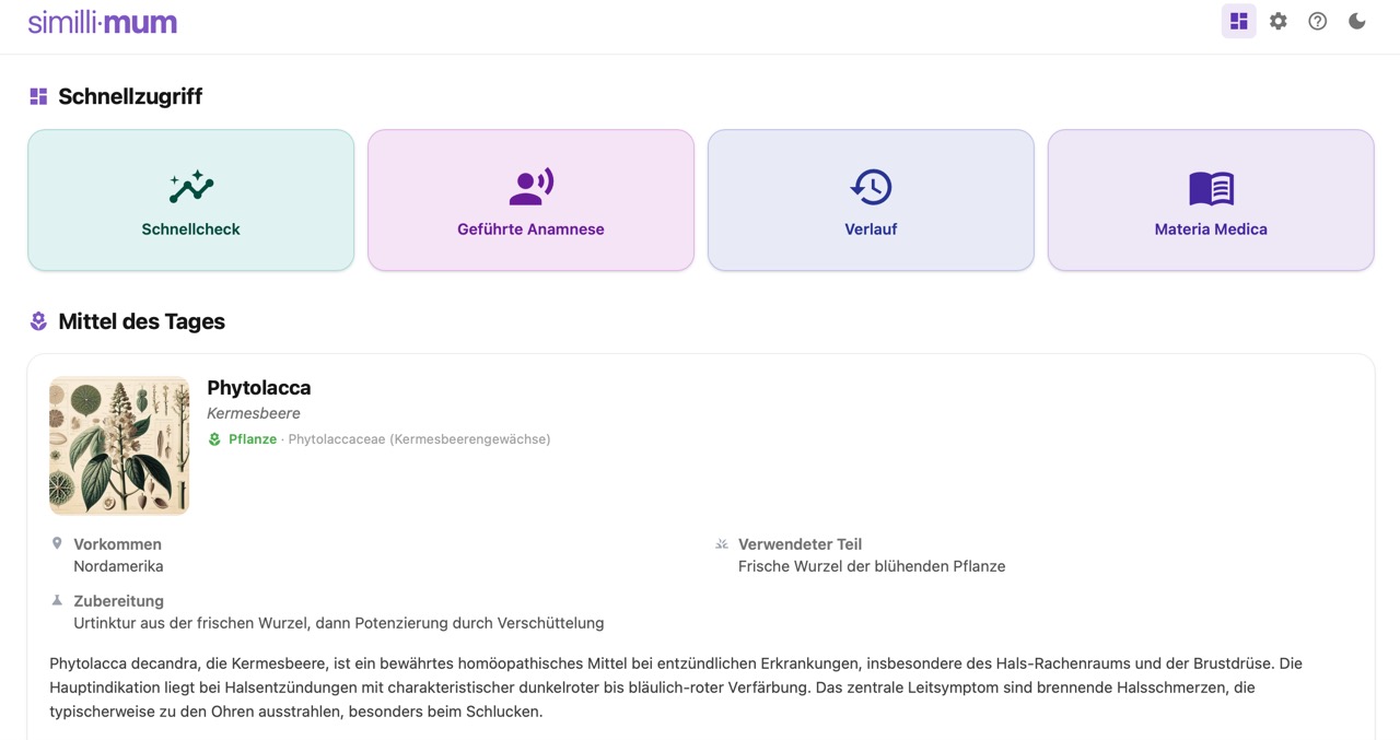 similli·mum Dashboard mit Schnellzugriff und Mittel des Tages